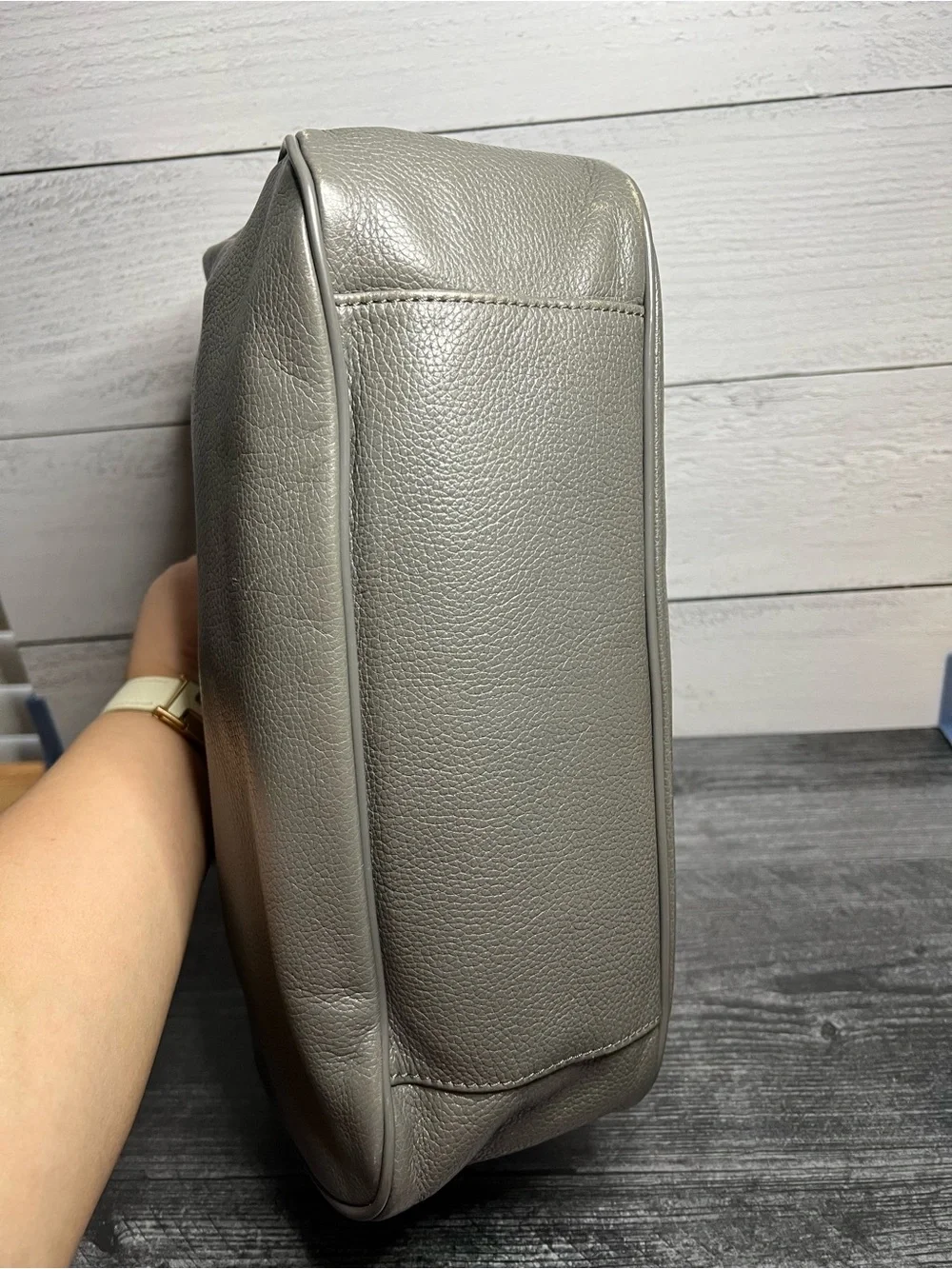 Tory Burch Gray Pebbled Leather Tote with Gold Horsebit Hardware